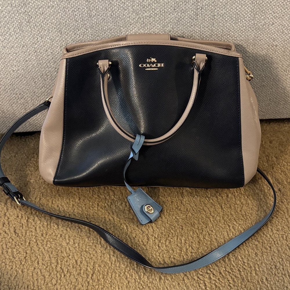 Coach Blue and Taupe Leather Satchel with Blue Accent Strap